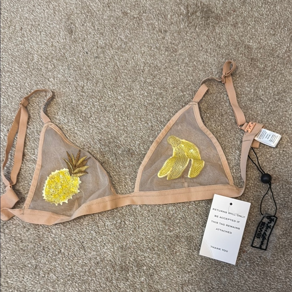 NWTs For love & lemons Embroidered Sheer Bralette - Tan with Yellow Accents
